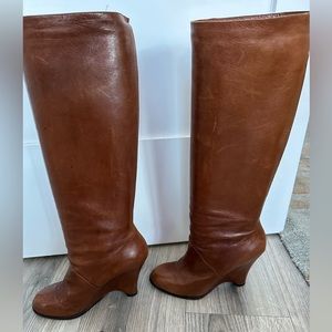 Marni Knee High Leather Boots with Wedge Heel | 39.5 | Cognac | w/dust bag